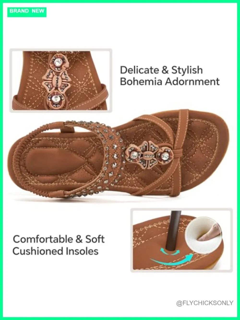Women's Bohemian Flat Sandals with Rhinestone Ankle Strap, Memory Foam Insole